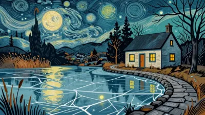 Frozen Pond Cottage at Night - Architecture - AI generated image