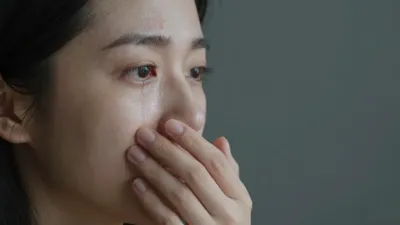 Tearful Woman Comforting Herself - Portrait - AI generated image