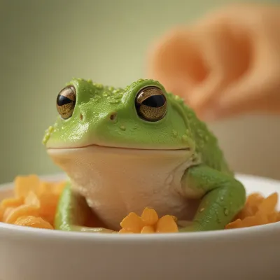 Green Frog in Bowl of Cereal - Wildlife - AI generated image