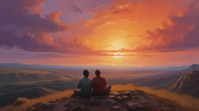 Three Friends Watching Sunset on Rocky Outcrop - People - AI generated image
