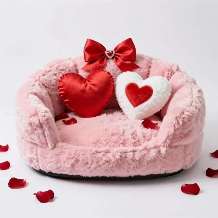 Pink Pet Bed with Heart Pillows and Bow - Pet - AI generated image