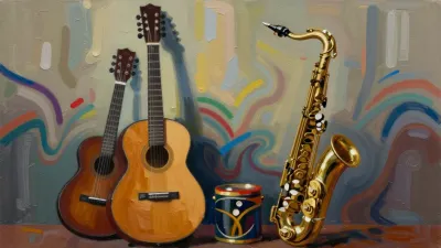 Golden Saxophone and Acoustic Guitars in Abstract Background - Music - AI generated image