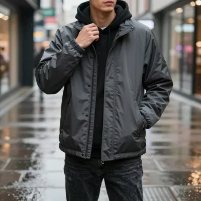 Man Adjusting Hood in Black Raincoat - People - AI generated image