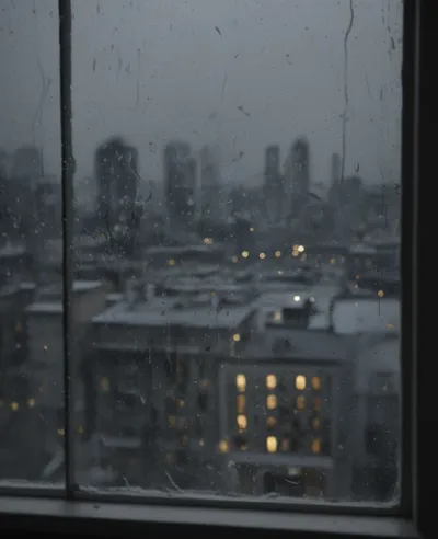 Raindrops on Window Reflecting City Lights - Architecture - AI generated image
