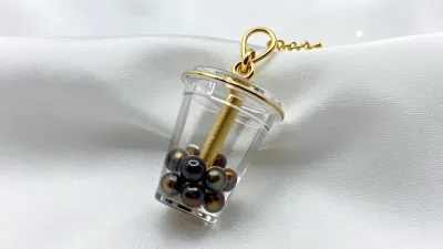Boba Cup Charm with Dark Brown Beads - Jewelry - AI generated image