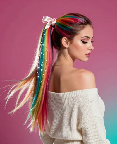 Rainbow-Ponytail Woman with Pearls - Fashion - AI generated image
