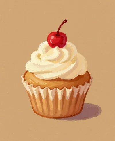 Golden-Brown Mini-Cupcake with Creamy Frosting and Cherry - Food - AI generated image
