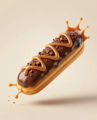 Chocolate Eclair with Caramel Crown Drizzle - Food - AI generated image