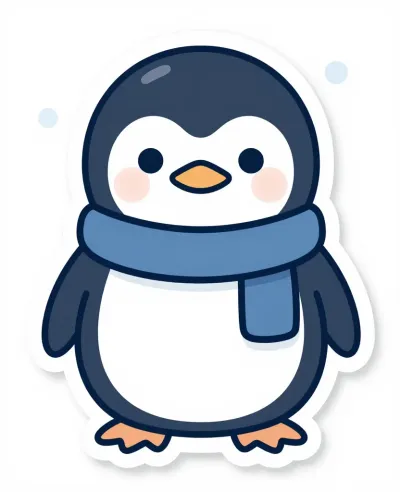 Penguin with Blue Scarf in Snow - Animal - AI generated image