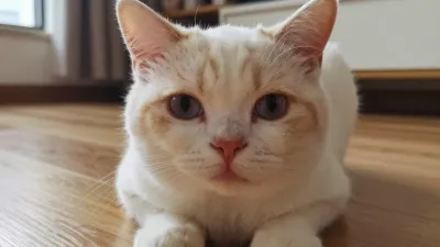 Fisheye View of White Cat with Light Brown Markings - Animal - AI generated image