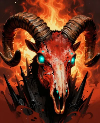 Skull with Ram Horns in Fiery Setting - Fantasy - AI generated image