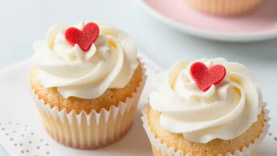 Vanilla Cupcakes with White Frosting and Red Hearts - Food - AI generated image