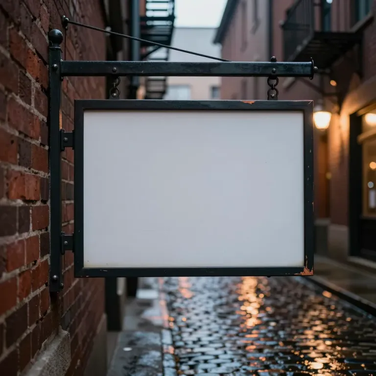 Blank Signboard Hanging in Wet Cobblestone Alley - Architecture - AI generated image
