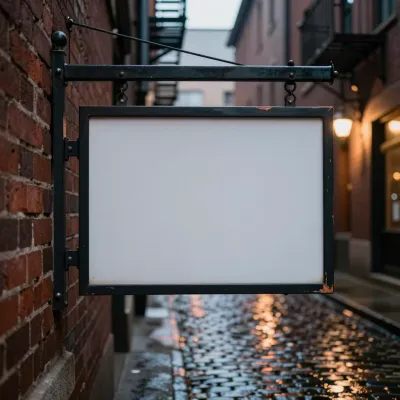 Blank Signboard Hanging in Wet Cobblestone Alley - Architecture - AI generated image