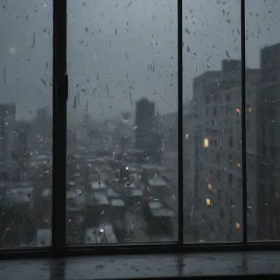 Raindrops on Window Reflecting Cityscape - Weather - AI generated image