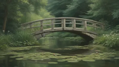 Wooden Garden Bridge Over Pond - Architecture - AI generated image