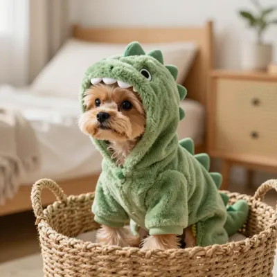 Dog in Dinosaur Costume Sitting in Basket - Pet - AI generated image