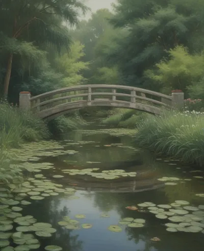 Wooden Bridge Over Lily Pond - Architecture - AI generated image
