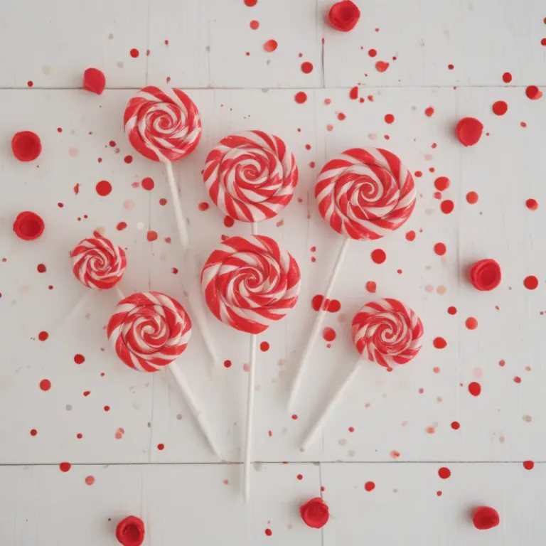 Swirling Red and White Lollipops on Wooden Surface - Food - AI generated image