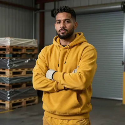 Man in Mustard-Yellow Hoodie Arms Crossed Warehouse - People - AI generated image