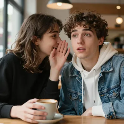Woman Whispering to Man at Wooden Table - People - AI generated image