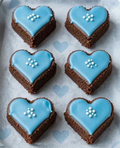 Heart-Shaped Brownies with Blue Icing - Bakery - AI generated image