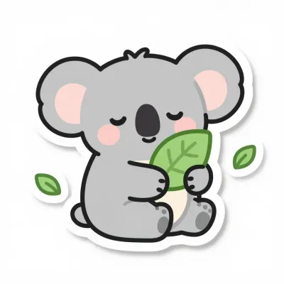 Sleepy Koala Hugging Green Leaf - Wildlife - AI generated image