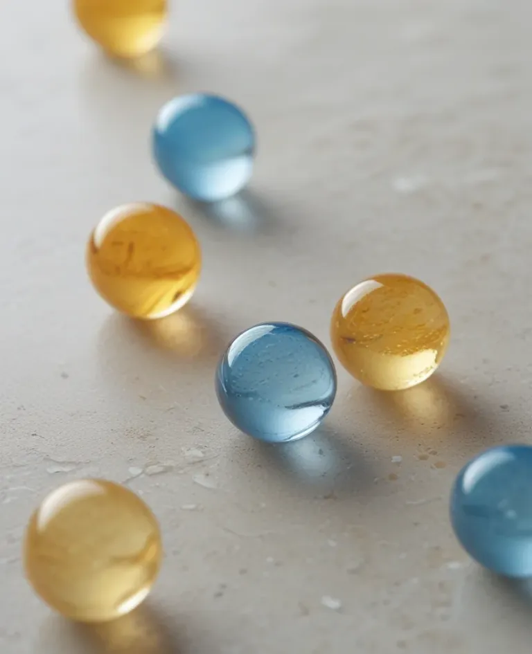 Amber and Teal Marbles Scattered on Smooth Surface - Objects - AI generated image