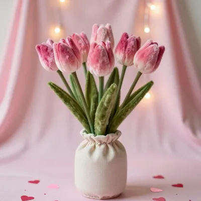 Plush Tulip Arrangement in Fabric Vase - Flowers - AI generated image