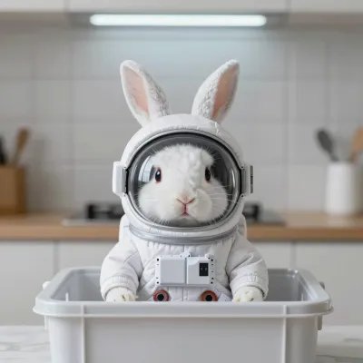 White Rabbit Astronaut Suit in Crate - Animal - AI generated image