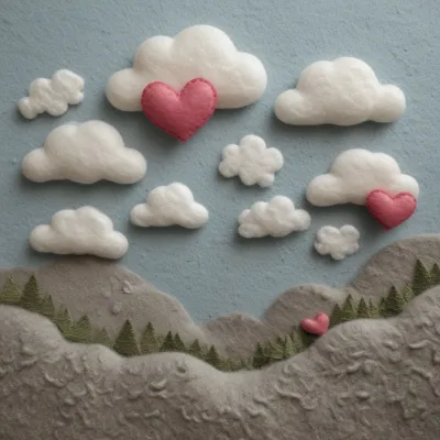 Felt Clouds with Pink Hearts in Sky - Felt Art - AI generated image