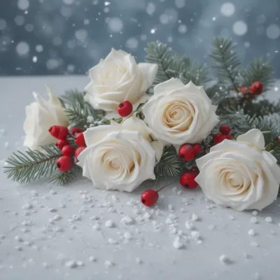 White Roses and Red Berries in Winter Frost - Flowers - AI generated image