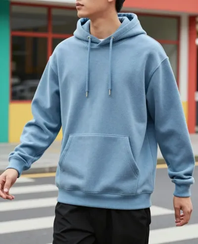 Pastel Blue Hoodie Overcast Street - Fashion - AI generated image