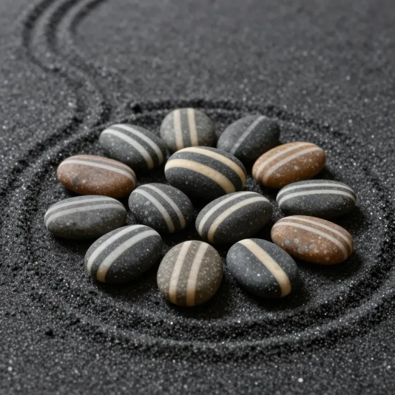Cluster of Striped Pebbles in Zen Garden - Still Life - AI generated image