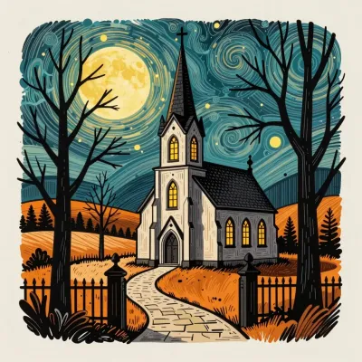 Moonlit Gothic Chapel with Glowing Windows - Architecture - AI generated image