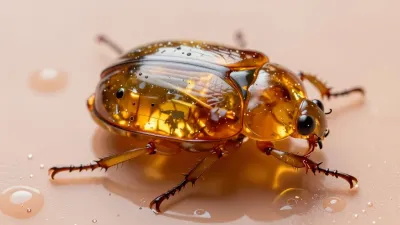 Amber Beetle with Dewdrops Diagonal - Insects - AI generated image