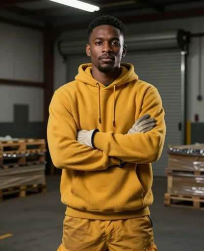 Man in Mustard-Yellow Hoodie Standing Confidently in Warehouse - People - AI generated image