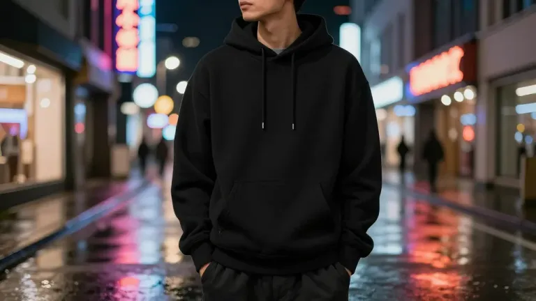 Person in Black Hoodie Standing on Neon Street - People - AI generated image