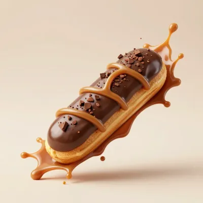 Chocolate Eclair with Caramel Drizzles and Chocolate Shavings - Food - AI generated image