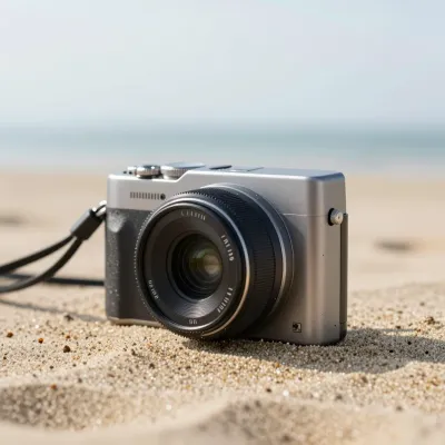 Metallic Camera on Sandy Beach - Photography - AI generated image
