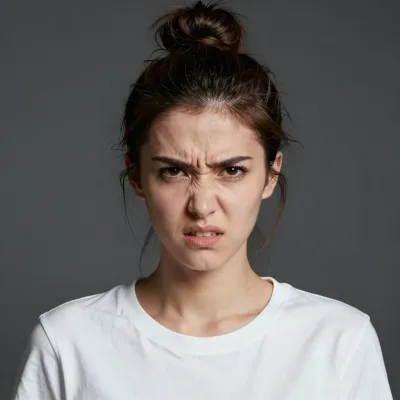 Tense Woman in White T-shirt - People - AI generated image