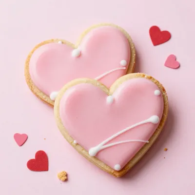 Heart-Shaped Cookies with Pink Icing and White Drizzles - Food - AI generated image