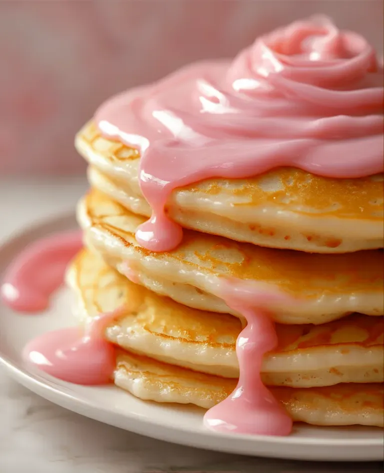Golden Pancakes with Pink Swirl Cream - Food - AI generated image