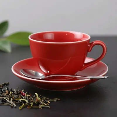 Red Teacup and Saucer with Silver Spoon - Food & Drink - AI generated image