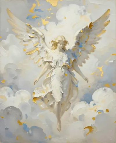Golden-Winged Angel Standing in Ethereal Clouds - Religion - AI generated image