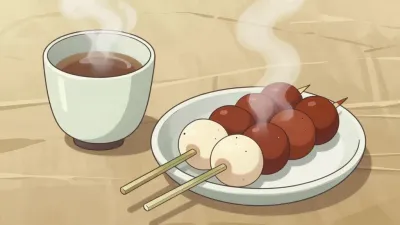 Tea Cup and Dango Skewers Steamy - Food - AI generated image