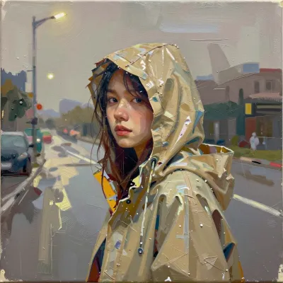 Woman in Raincoat Glancing at Street - People - AI generated image