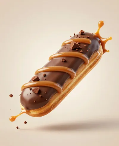 Chocolate-Caramel Eclair with Splashes - Food - AI generated image