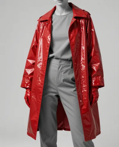 Glossy Crimson Raincoat Draped Over Gray Trousers - Fashion - AI generated image