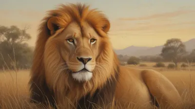 Lion Resting in Golden Savanna - Wildlife - AI generated image